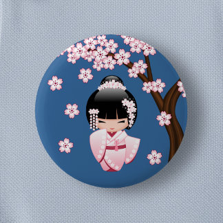 Pink Kimono Kawaii Kokeshi Doll on Blue Button