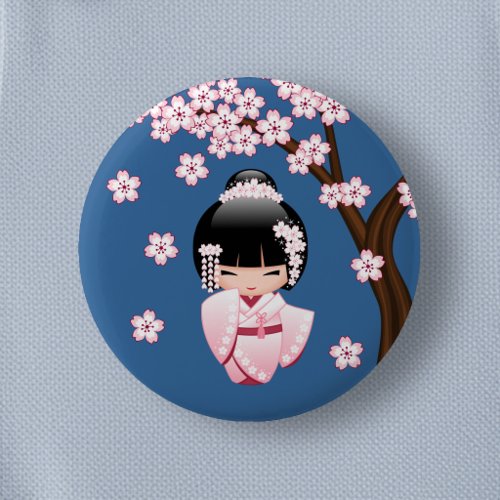 Pink Kimono Kawaii Kokeshi Doll on Blue Button