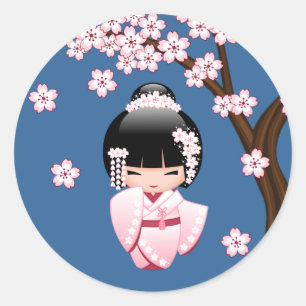 Pink Kimono Kawaii Kokeshi Doll on Blue Classic Round Sticker