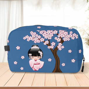 Pink Kimono Kawaii Kokeshi Doll on Blue Dopp Kit