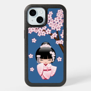 Pink Kimono Kawaii Kokeshi Doll on Blue iPhone 15 Case