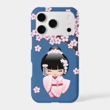 Pink Kimono Kawaii Kokeshi Doll on Blue