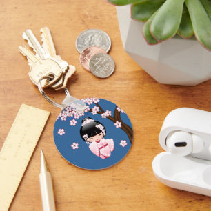 Pink Kimono Kawaii Kokeshi Doll on Blue Keychain