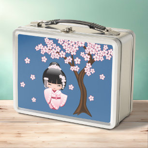 Pink Kimono Kawaii Kokeshi Doll on Blue Metal Lunch Box