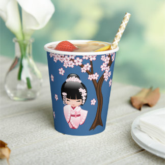 Pink Kimono Kawaii Kokeshi Doll on Blue Paper Cups