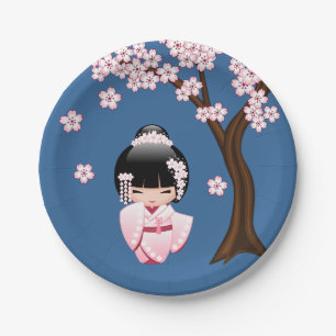 Pink Kimono Kawaii Kokeshi Doll on Blue Paper Plates