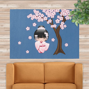 Pink Kimono Kawaii Kokeshi Doll on Blue Rug