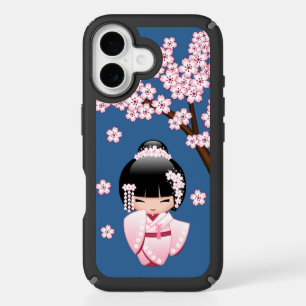 Pink Kimono Kawaii Kokeshi Doll on Blue iPhone 16 Case