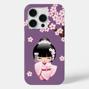 Pink Kimono Kawaii Kokeshi Doll on Purple iPhone 15 Pro Case