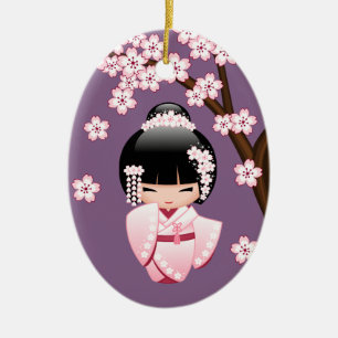 Pink Kimono Kawaii Kokeshi Doll on Purple Ceramic Ornament
