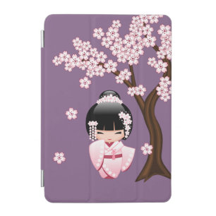 Pink Kimono Kawaii Kokeshi Doll on Purple iPad Mini Cover