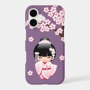 Pink Kimono Kawaii Kokeshi Doll on Purple iPhone 17 Case