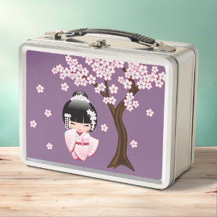 Pink Kimono Kawaii Kokeshi Doll on Purple Metal Lunch Box