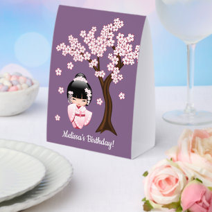 Pink Kimono Kawaii Kokeshi Doll on Purple Paper Table Tent
