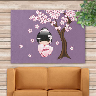 Pink Kimono Kawaii Kokeshi Doll on Purple Rug