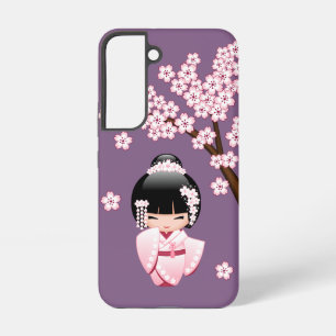 Pink Kimono Kawaii Kokeshi Doll on Purple Samsung Galaxy S22 Case