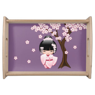 Pink Kimono Kawaii Kokeshi Doll on Purple Serving Tray