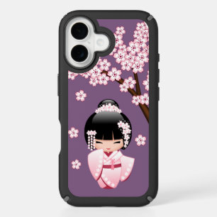 Pink Kimono Kawaii Kokeshi Doll on Purple iPhone 16 Case