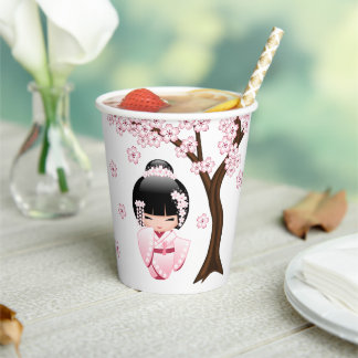 Pink Kimono Kawaii Kokeshi Doll Paper Cups