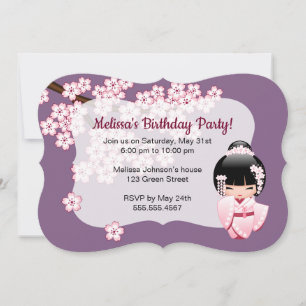 Pink Kimono Kawaii Kokeshi Doll Purple Birthday Invitation