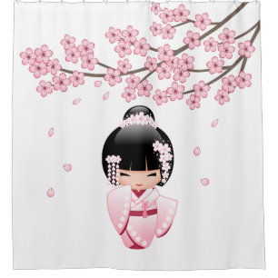 Pink Kimono Kawaii Kokeshi Doll Shower Curtain