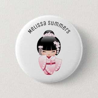 Pink Kimono Kawaii Kokeshi Girl Custom Name Button