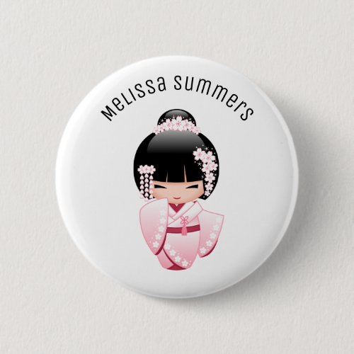 Pink Kimono Kawaii Kokeshi Girl Custom Name Button