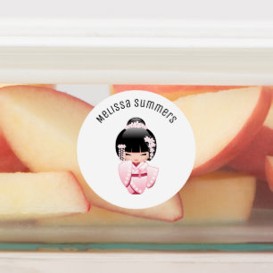 Pink Kimono Kawaii Kokeshi Girl Custom Name Kids' Labels