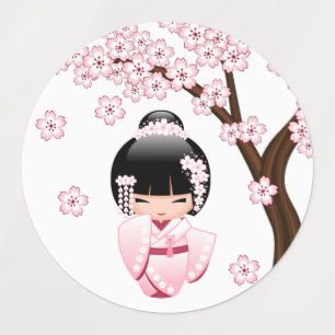Pink Kimono Kawaii Kokeshi Girl Kids' Labels
