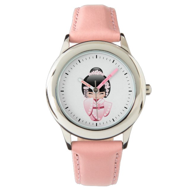 Pink Kimono Kokeshi Doll Kawaii Watch (Front)