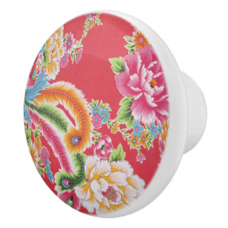 Pink Kimono Vintage Flower Peacock Feather Pattern Ceramic Knob