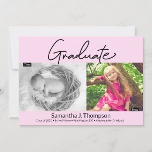 Pink Kindergarten Graduate Then and Now Grad Photo Announcement