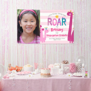 Pink Kindergarten Graduation Photo Dinosaur Girl Banner