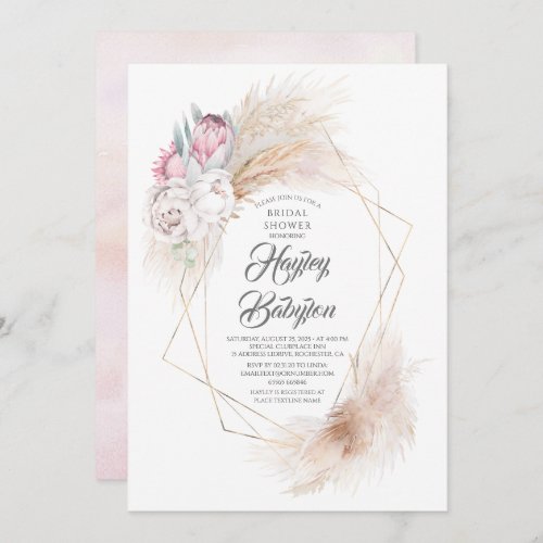 Pink King Protea and Pampas Grass Bridal Shower Invitation