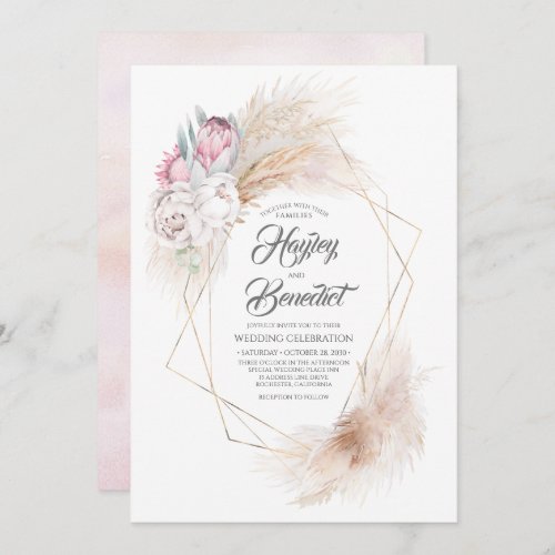 Pink King Protea and Pampas Grass Modern Wedding Invitation
