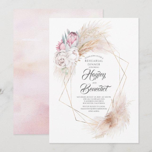 Pink King Protea and Pampas Grass Rehearsal Dinner Invitation (Front/Back)