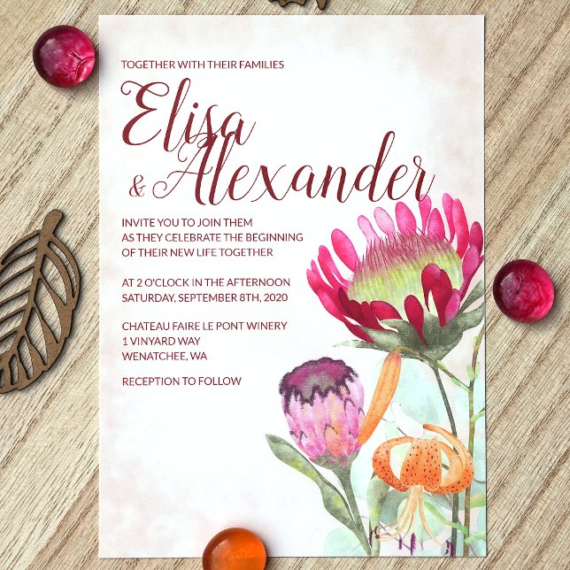 Pink King Proteas, Orange Lilies Fall Wedding Invitation (Fall Pink King Protea Flower Orange Tiger Lily Wedding Invitation)
