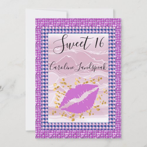 Pink Kiss Gold Pearls  Sequins Sweet16 Invitation