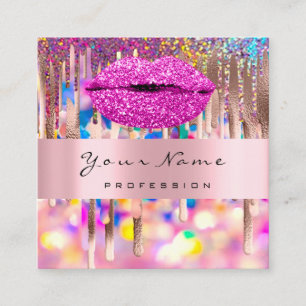 Pink KISS LIPMakeup Artist Unicorn Holograph Drip Square Business Card