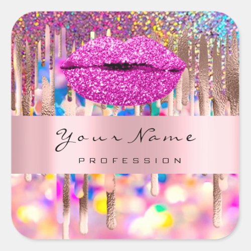 Pink Kiss Lips Glitter Holographic Business Name Square Sticker