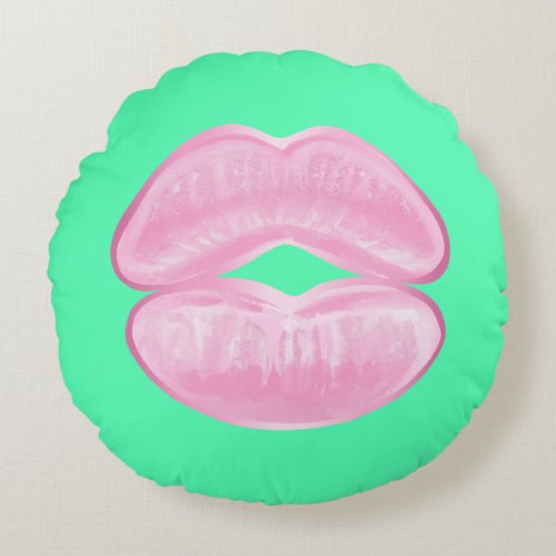 Pink Kiss on Mint Round Pillow