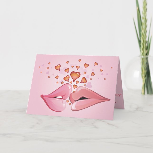 Pink Kissing Lips Valentine Card (Front)