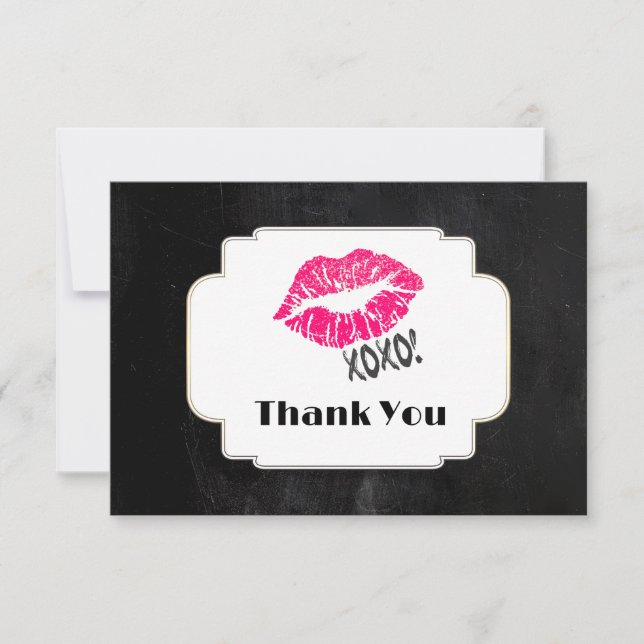 Pink Kissy Lips with xoxo! Gold on Black Thank You (Front)