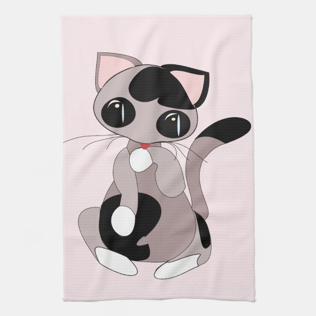 Pink Kitchen Towel with Little Cat - Customizable (Vertical)
