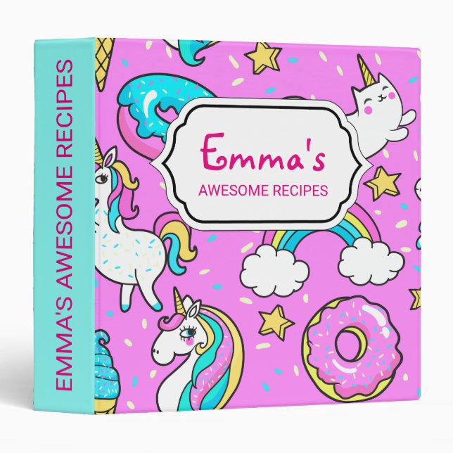 Pink Kitschy glittery funny unicorn and kitty Binder (Front/Spine)