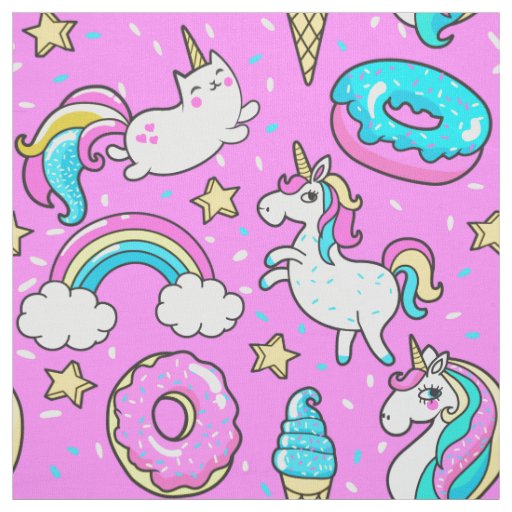 Pink Kitschy Glittery Funny Unicorn And Kitty Fabric Zazzle Com