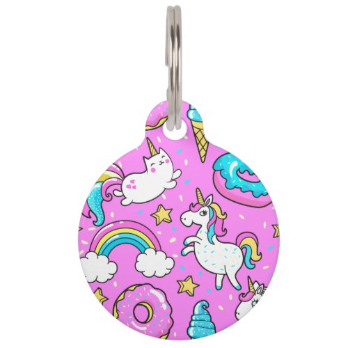 Pink Kitschy glittery funny unicorn and kitty Pet ID Tag