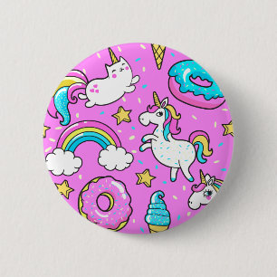 Pink Kitschy glittery funny unicorn and kitty Pinback Button