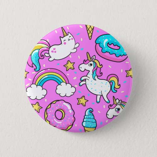 Pink Kitschy glittery funny unicorn and kitty Pinback Button