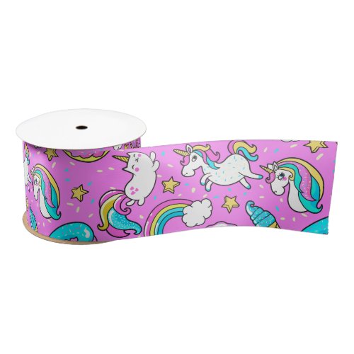 Pink Kitschy glittery funny unicorn and kitty Satin Ribbon